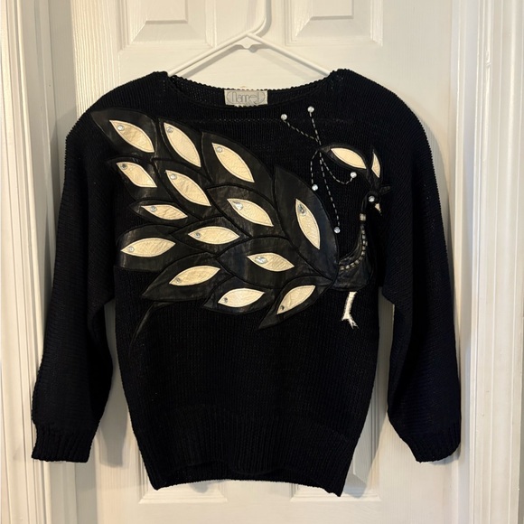 Vintage Nannell Blk Peacock Sweater Leather Appliqué,Rhinestones, Size Sm - Picture 1 of 6